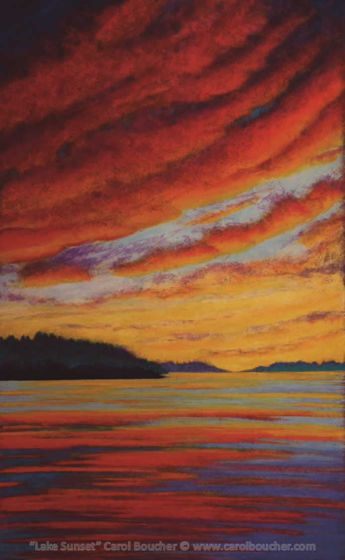 A watercolor sunset over a lake painted by Carol Boucher.